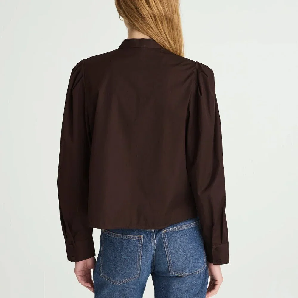 Madewell Button Up Band Collar Pleated Puff Sleeve Shirt Brown Size S NWT